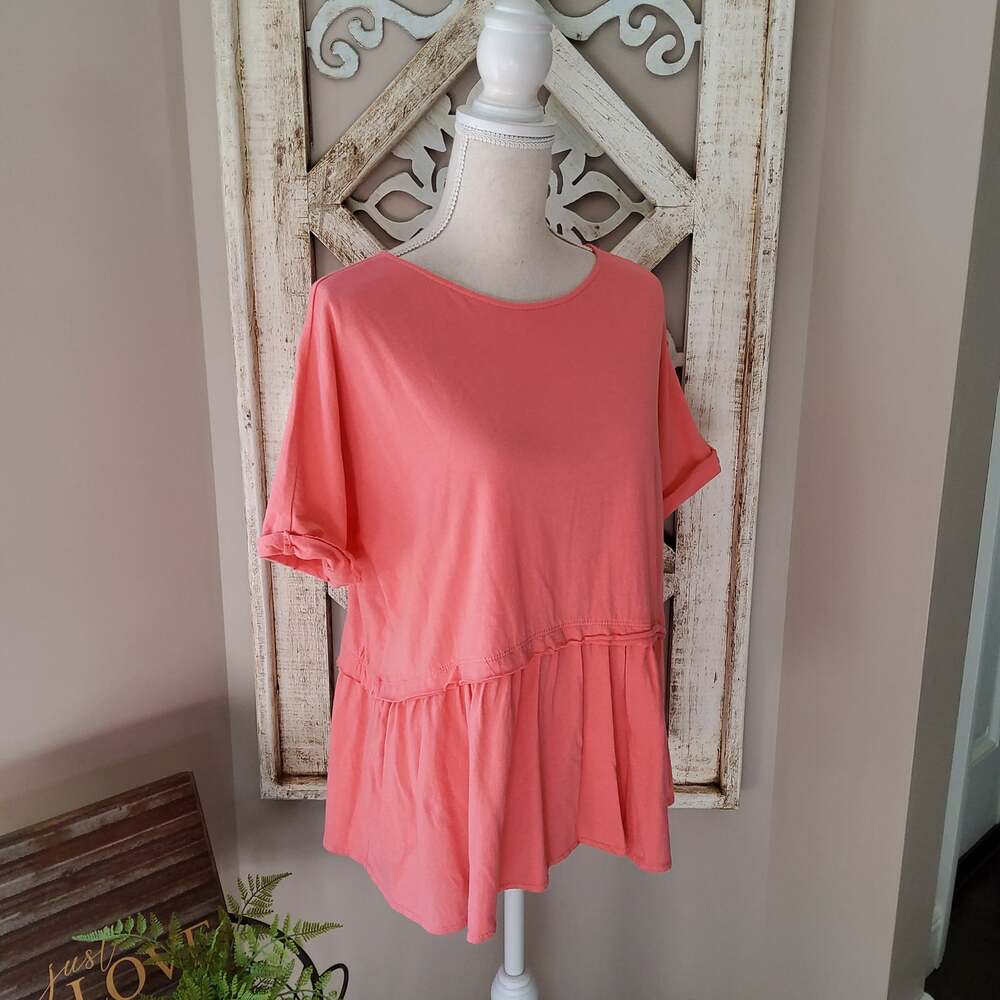 Caslon Women's Short Sleeve Ruffle Knit Tunic Peplum Dolman T-Shirt Top Coral S